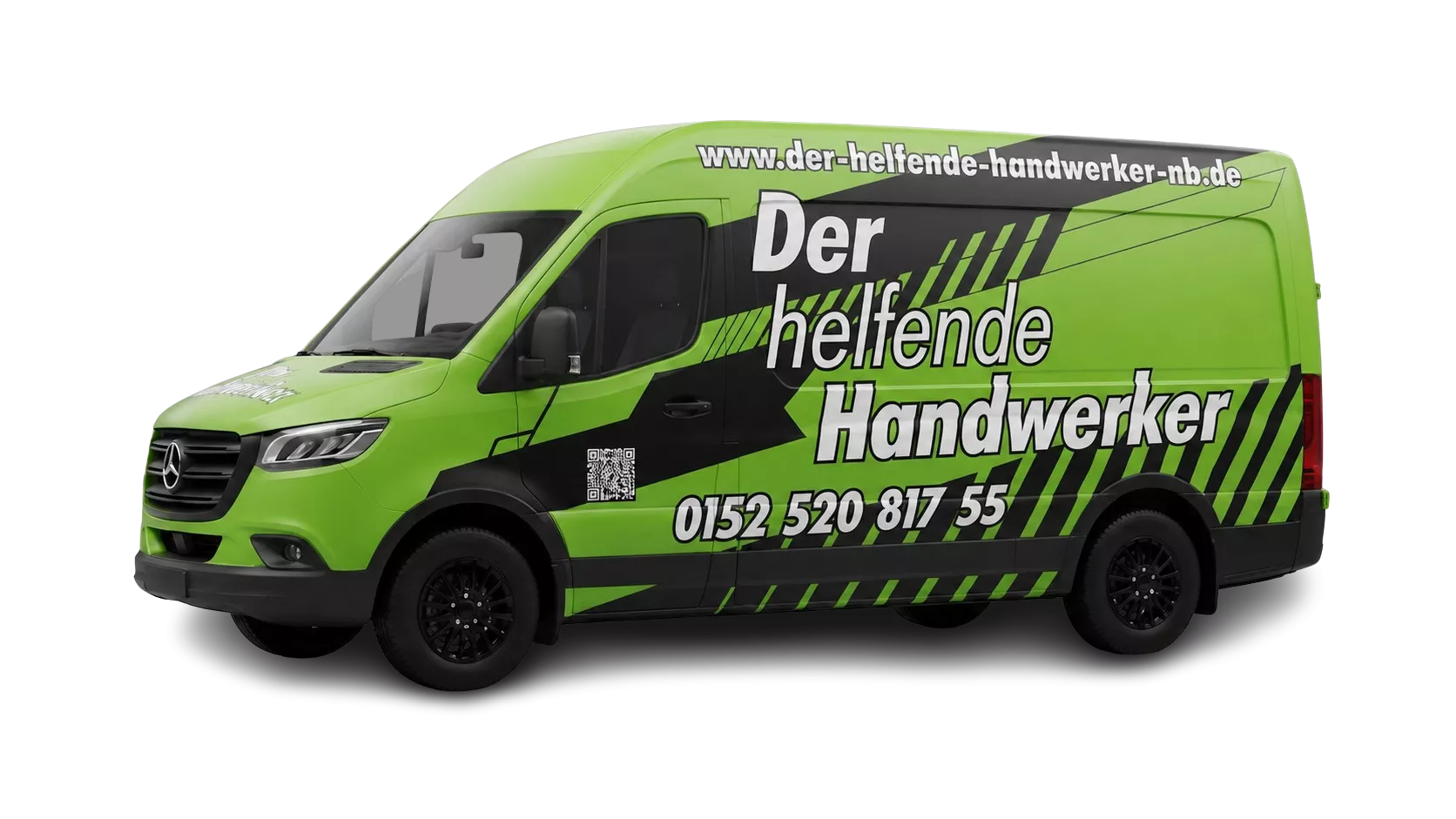 Neongrünes Firmenfahrzeug von Der helfende Handwerker Nico Berger mit Beschriftung und Telefonnummer